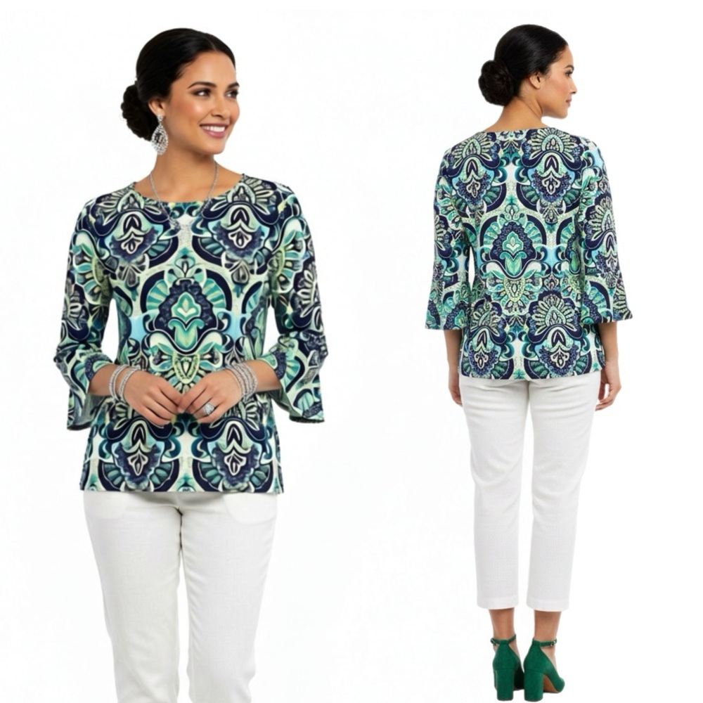 Chico's 1 Paisley Print Bell Sleeve Top Blue Green Size Medium Blouse Boho Chic
